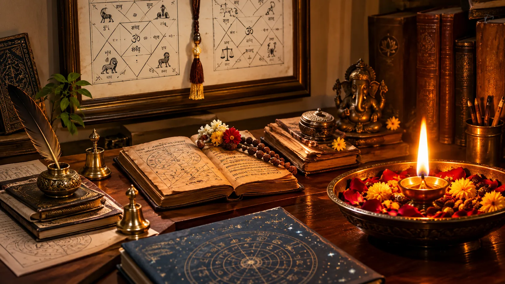 Astrology consultation desk with burning diya
